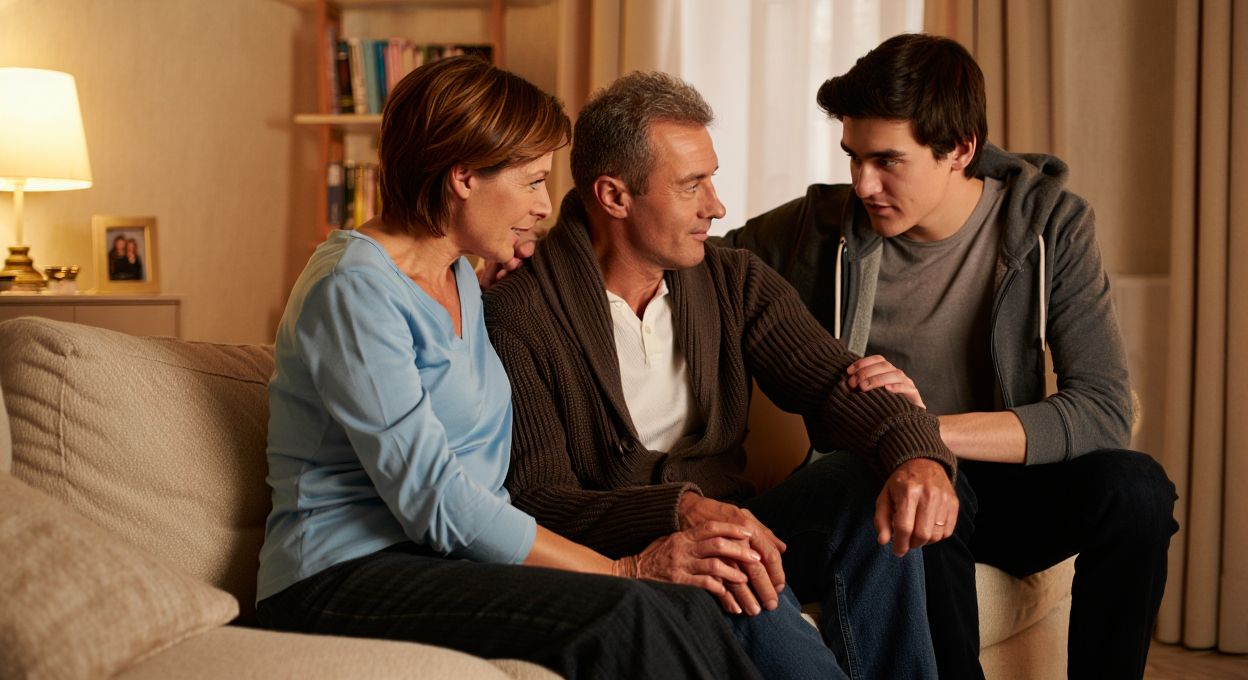 Семья сидит на диване и поддерживают мужчину